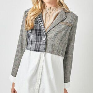 MYSTREE Grey Plaid Contrast Blazer Shirt Combo, Mixed Media Layered Button Down